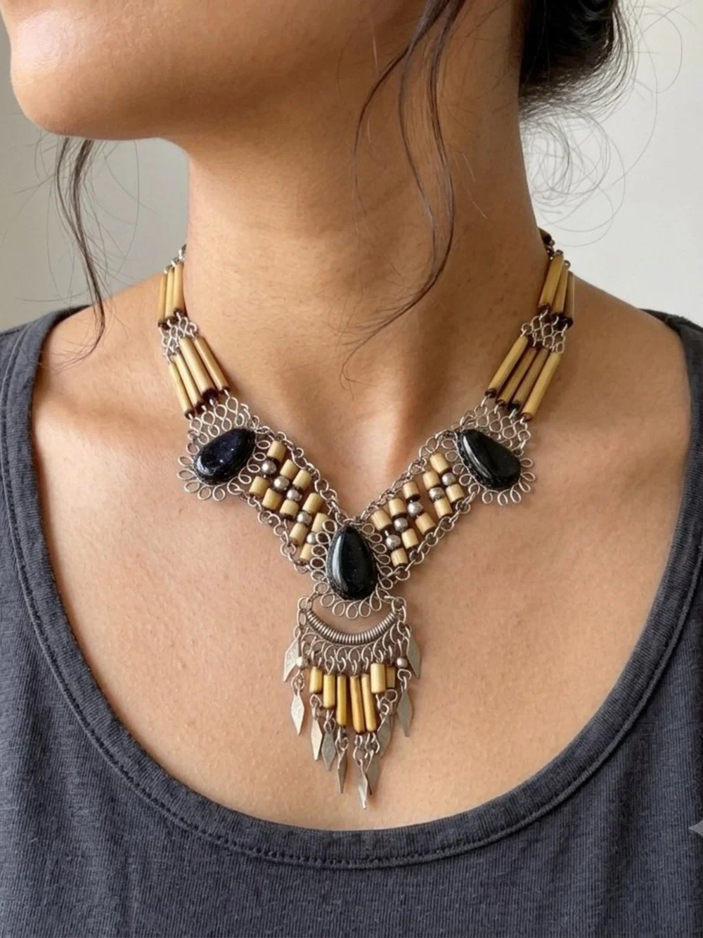 Handcrafted Tribal Statement Necklace 16”